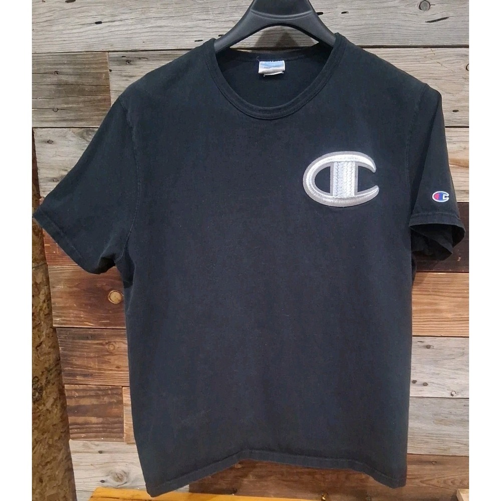 Champion Black T Shirt Big Embroidered C Logo Vintage 2xlarge Faded